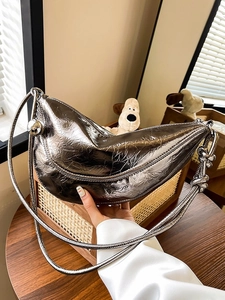 Women Metallic PU Leather Crescent Underarm Bag Pleated Half Moon Shoulder Bag With Metal Ball Charm Crossbody Fashion Handbag