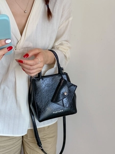 Chic black pleated hobo tote bag with PANTO R logo and matching mini pouch accessory