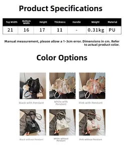 Detailed size specifications and color options for the stylish PU leather bucket bag