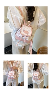 Close-up of mini floral backpack with pink leather straps and beaded charm detail