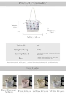 Size chart for large PU leather tote bag with dimensions, weight, and strap details