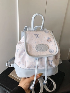 Korean style mini backpack with cartoon bear prints and pastel blue pink patchwork design