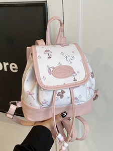 Mini pink and white patchwork backpack with cute puppy illustrations and drawstring