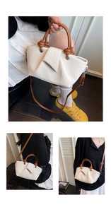 Detailed views of cream lychee texture bucket bag shown in hand, shoulder, and crossbody styles