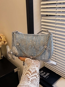 Trendy Women Sequined Denim Underarm Bag Retro Y2K Shoulder Bag With Metallic Chain And Dog Charm Casual Crossbody Bag