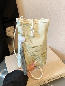 Mini Chinese jacquard phone crossbody bag with gold leaf pattern and silk tassels