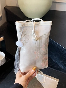 Elegant Chinese style silk phone bag with bamboo embroidery and white jade tassel
