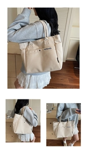 Multiple views of a beige canvas tote bag showing handle details and side pockets