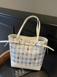 Women Large Capacity Tote Bag Korean Style PU Leather Canvas Patchwork Cartoon Animal Print Casual Commuting Handbag