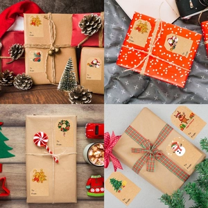 Merry Christmas gift tags with reindeer and snowmen on kraft paper for holiday packaging
