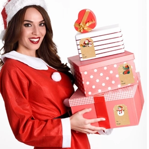 Christmas gift tags set featuring Santa Claus and Snowman illustrations on kraft paper