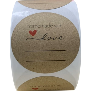 2-inch kraft paper stickers with red heart and 'homemade with love' for handwriting