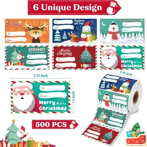 500 Christmas gift label stickers roll featuring 6 festive Santa and reindeer designs
