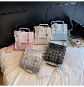 Detailed grid pattern handbags featuring delicate lace bows and pearl charms in five colors