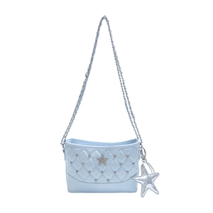 Quilted light blue chain shoulder bag with diamond star and metal rivet details