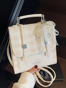 Vintage Plaid PU Leather Backpack For Women Lace Bow Artificial Pearl Pendant Sweet Preppy Style Crossbody Bag Fashion School Bag