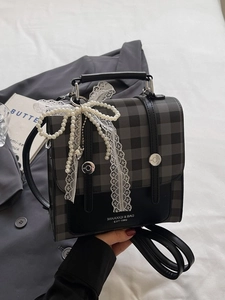 Retro plaid backpack for women with lace bow and pearl heart pendant decoration