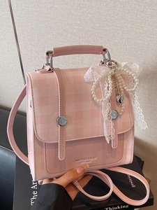 Vintage pink plaid crossbody bag with lace ribbon, pearl chain and heart charm detail