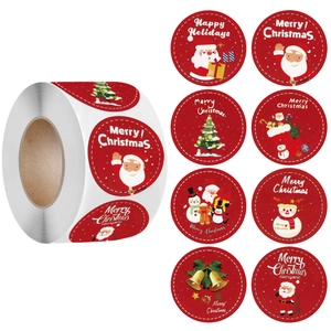 Christmas Cartoon Round Adhesive Stickers Roll Santa Claus Reindeer Snowman Pattern Holiday Gift Packaging Sealing Labels