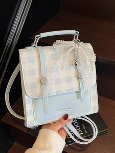 Vintage light blue plaid shoulder bag with lace bow and pearl charm decoration