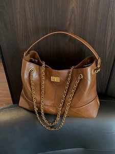 Vintage Quilted Chain Tote Bag For Women PU Leather Large Capacity Diamond Pattern Commuter Shoulder Bag Handbag