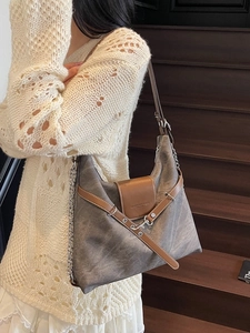 Contrast color large tote bag with vintage grey body and caramel brown leather flap