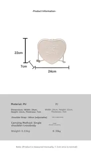 Detailed size chart for the mini heart crossbody bag with PU leather dimensions and specs