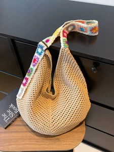 Large bohemian crochet tote bag with colorful floral knitted shoulder strap for women