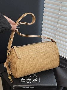 Gewebte PU-Leder Boston Tasche Damen Zylindrische Umhängetasche Verstellbarem Riemen Lässige Mode Handtasche