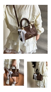 Brown mini handbag with lace bow pendant shown in three different carrying styles
