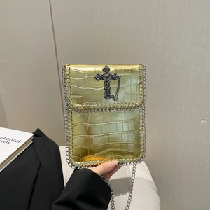 Women Gothic Punk Crossbody Phone Bag Crocodile Pattern PU Leather Chain Strap Shoulder Small Bag Metal Cross Decor Handbag