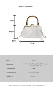 Detailed size parameters of white acrylic shell bag with pearl bow and bamboo handle
