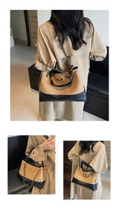 Detail of color-block tote bag with quilted leather base and metal chain strap