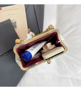 Detail of acrylic shell bag interior with pearl handle and spacious storage space