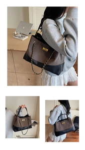 Detail of vintage color-block tote bag with quilted diamond pattern and chain strap