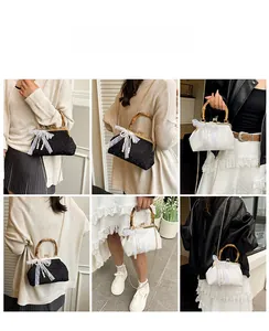 Detailed views of an acrylic bow shell bag with bamboo handles and pearl accents
