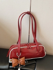 Women Retro PU Leather Underarm Bag Shiny Boston Bag With Bow Charm Large Capacity Commute Shoulder Bag Horizontal Square Tote