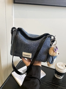 Trendy Denim Underarm Bag For Women Vintage Wash Denim Shoulder Bag With Bear Pendant Retro Crossbody Bag Casual Handbag