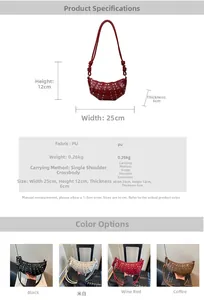 Detailed size chart for rivet crossbody bag showing dimensions 25x12x6cm and four colors
