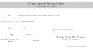 Detailed size specifications for the PU tote bag showing dimensions and strap length