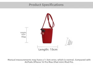 Detailed size chart for red litchi leather mini tote bag with cherry charm accessory