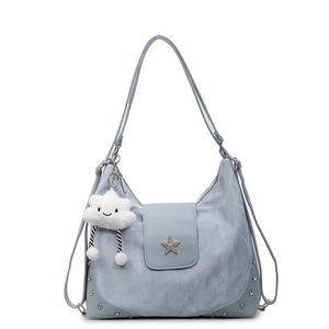Light blue faux leather shoulder bag with star charm and cute white cloud pendant
