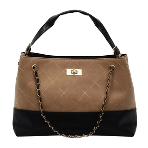 Quilted tote bag with gold chain and two-tone beige and black faux leather finish