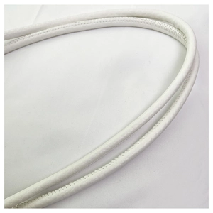 Close-up of white leather shoulder strap showing fine texture and meticulous stitching