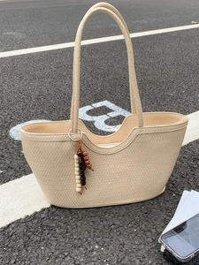 Women Woven PU Leather Tote Bag Fashion Retro Shoulder Bag With Beaded Pendant Large Capacity Underarm Bag Shopping Handbag