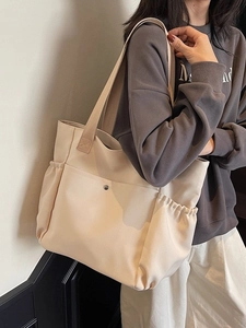 Large capacity cream canvas tote bag with front buckle pocket for women commuting