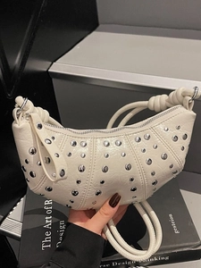 Fashion Women PU Leather Rivet Crescent Bag Knotted Strap Punk Style Crossbody Dumpling Bag Casual Daily Hobo Shoulder Bag