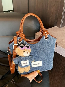 Trendy Denim Bucket Bag For Women Contrast Color PU Leather Stitching Casual Crossbody Shoulder Bag With Bear Plush Pendant