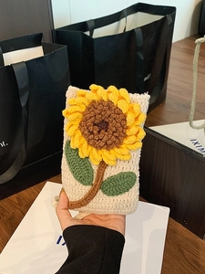 Mini Sac Bandoulière Doux Japonais Crocheté à la Main Motif Fleur Tournesol Rose Pochette Téléphone Tricotée pour Filles Femmes Petit Sac à Épaule