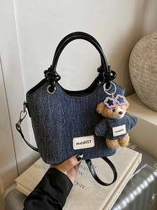 Contrast denim mini tote bag with teddy charm and detachable strap for women